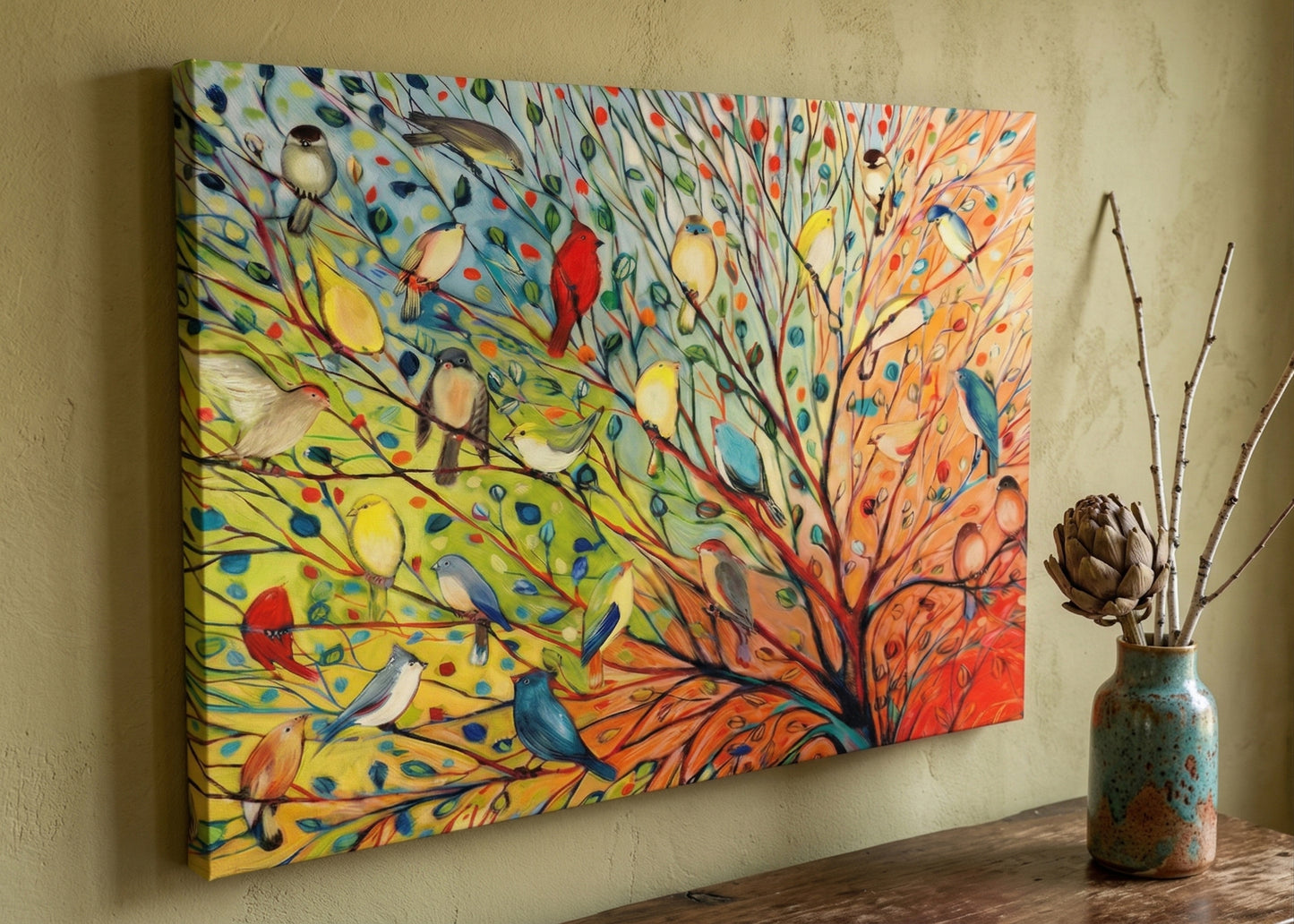Colorful Bird Tree Matte Canvas Wall Art – Stretched 1.25"