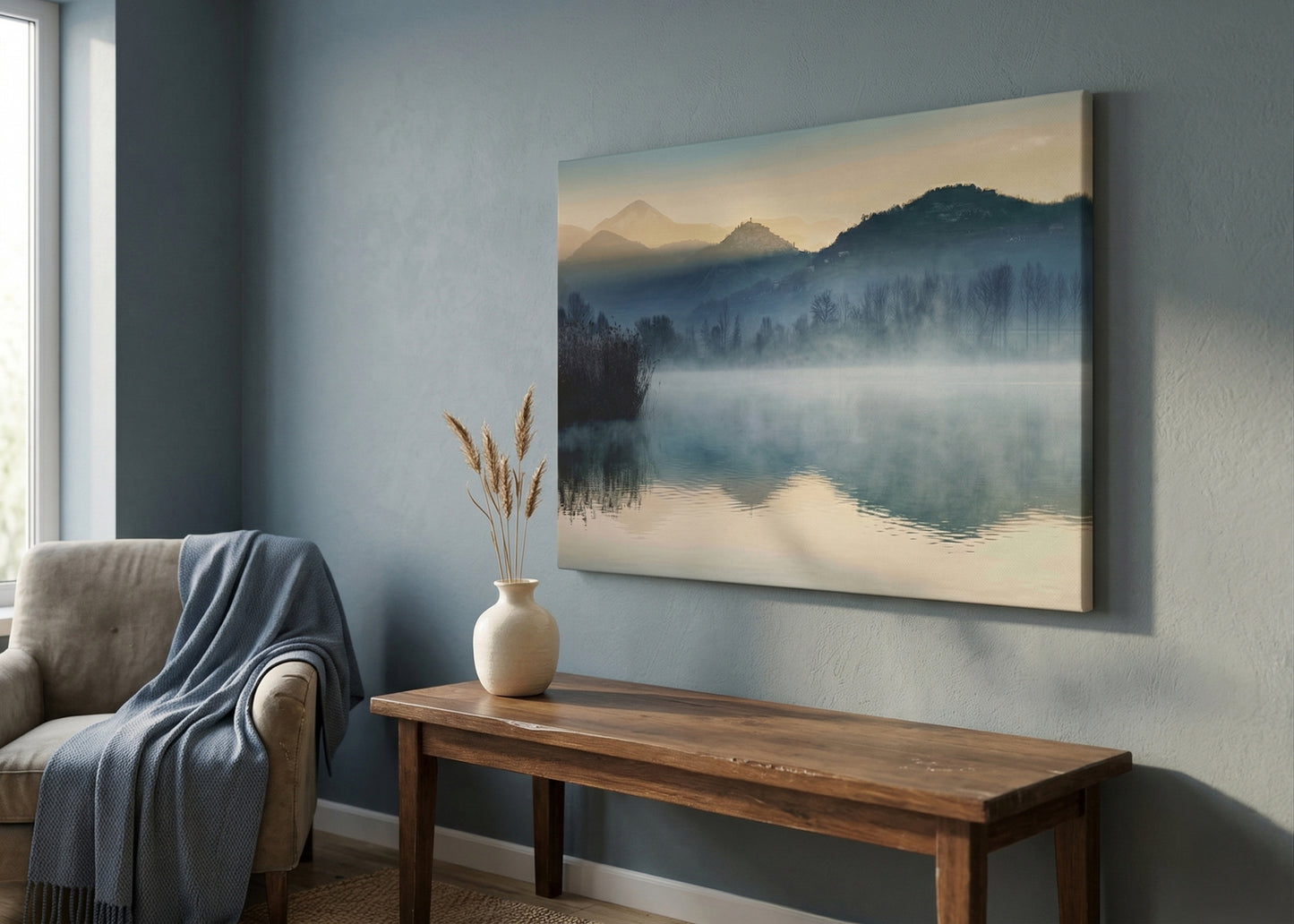 Misty Mountain Lake Canvas Print - Serene Landscape Wall Art