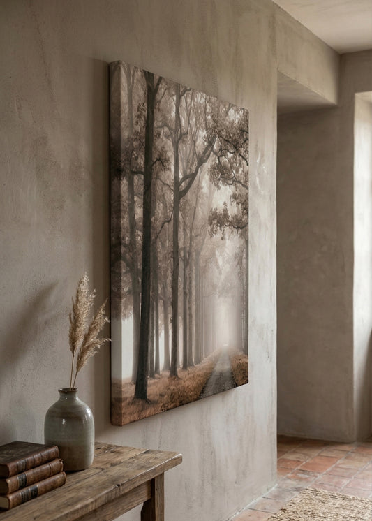 Foggy Forest Path Canvas Wall Art - Misty Woodland Matte Stretched Print