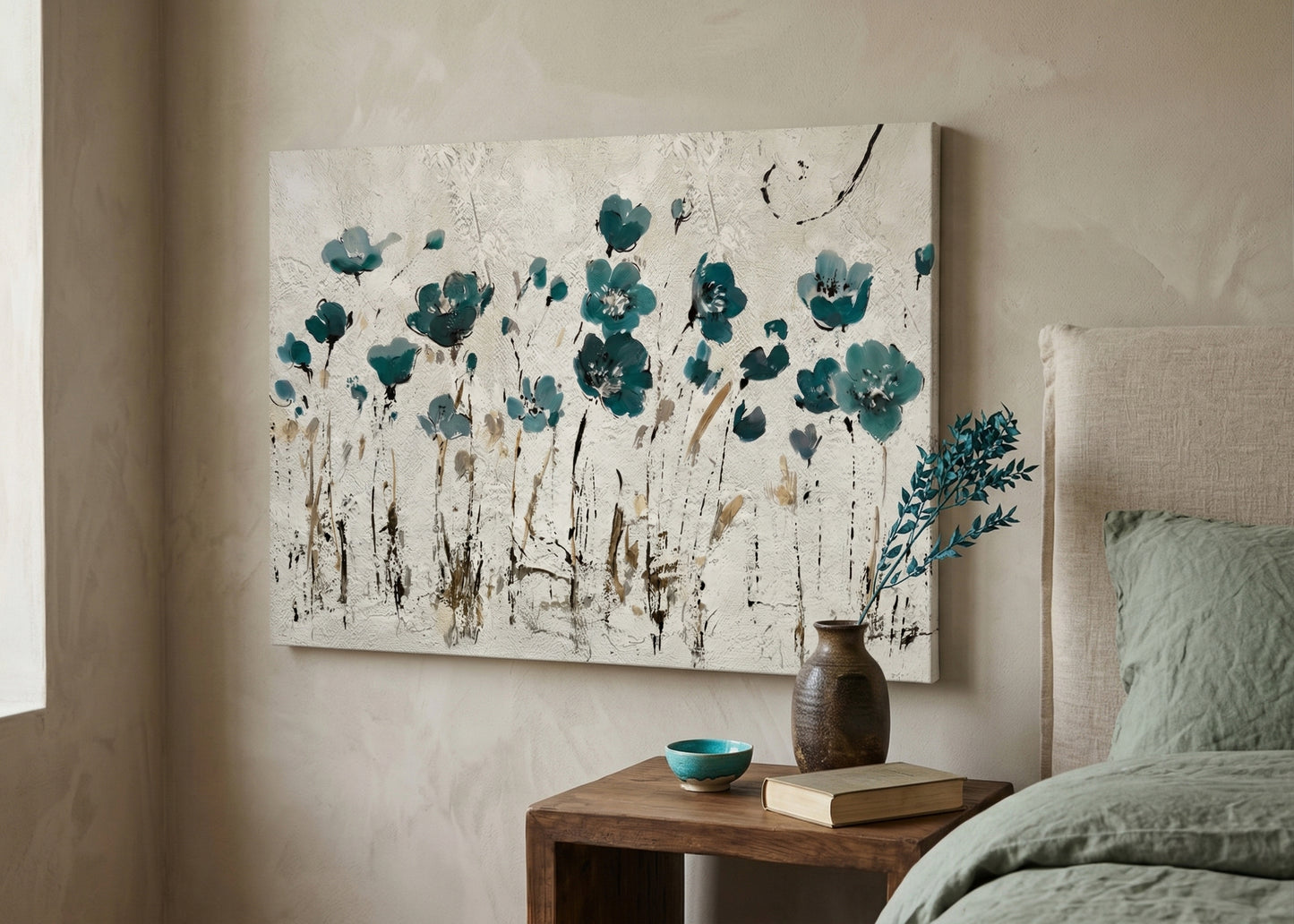 Teal Floral Canvas Wall Art — Abstract Poppy Meadow Matte Stretched Canvas