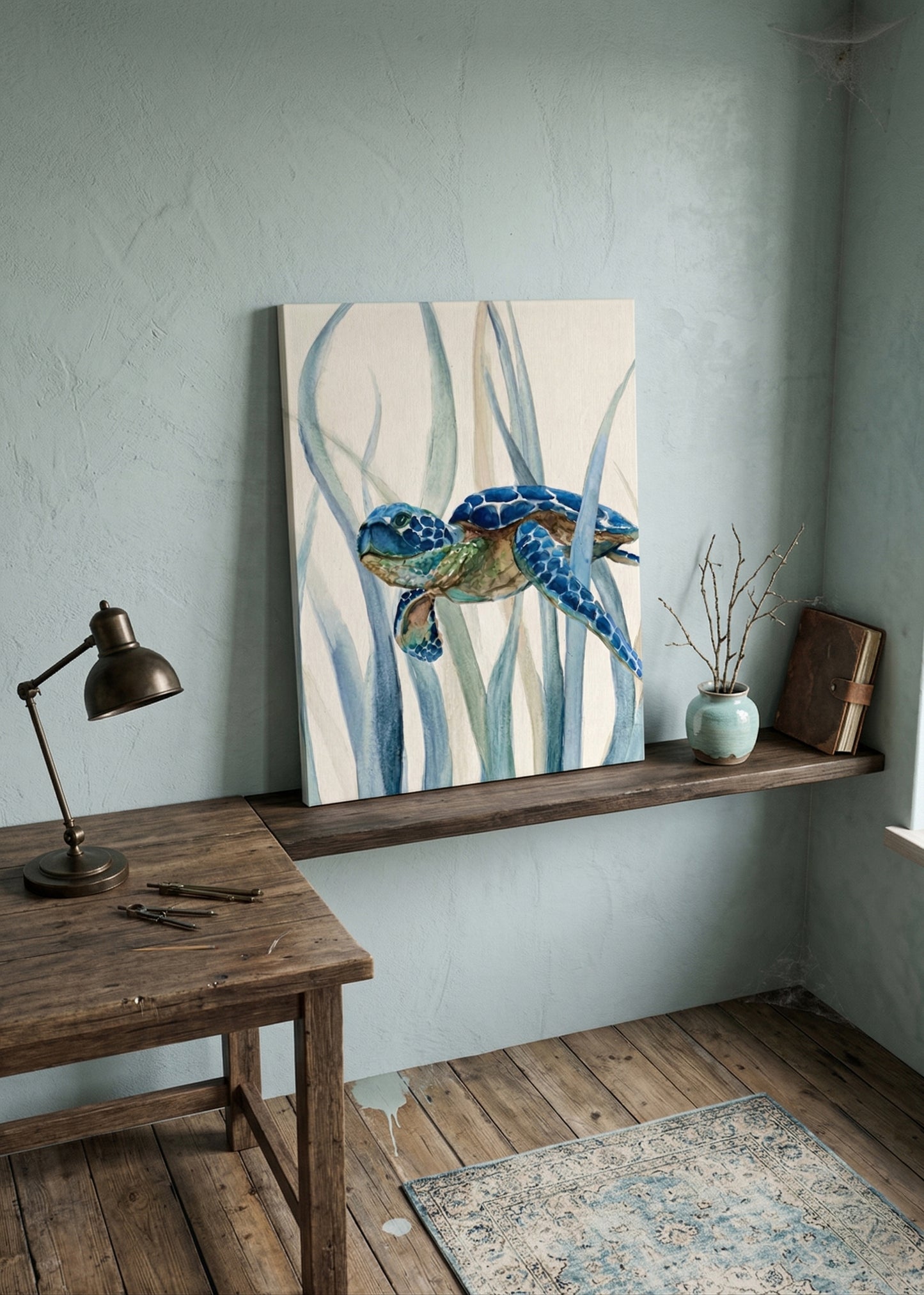 Sea Turtle Canvas Wall Art — Blue Watercolor Marine Print (Matte Stretched Canvas)