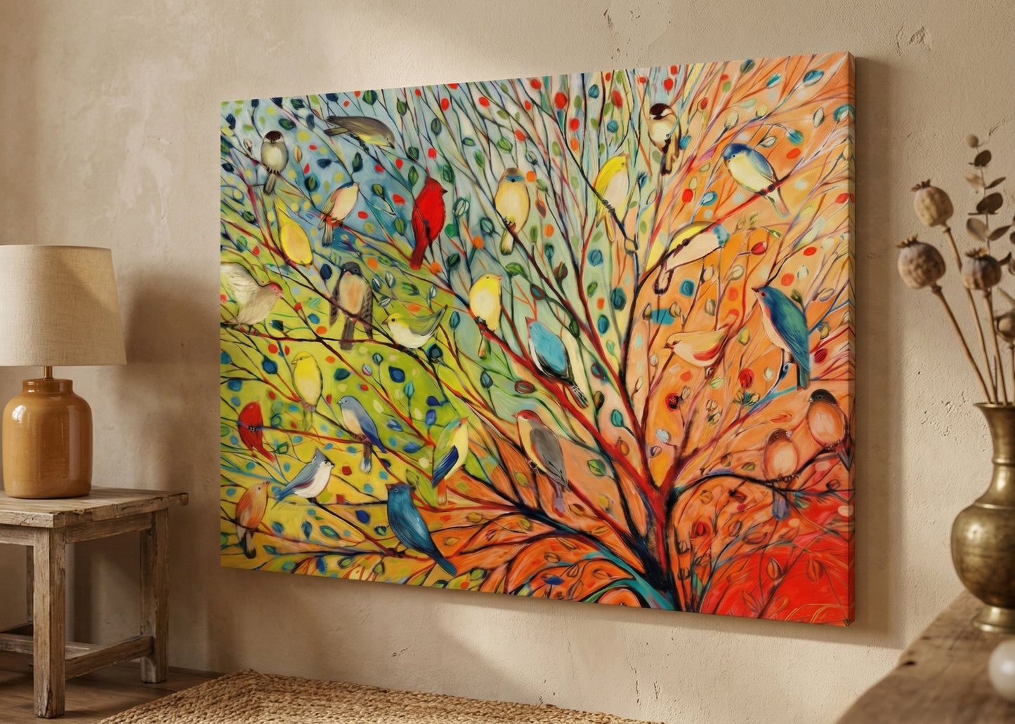 Colorful Bird Tree Matte Canvas Wall Art – Stretched 1.25"