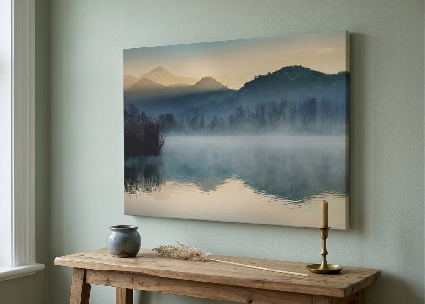 Misty Mountain Lake Canvas Print - Serene Landscape Wall Art