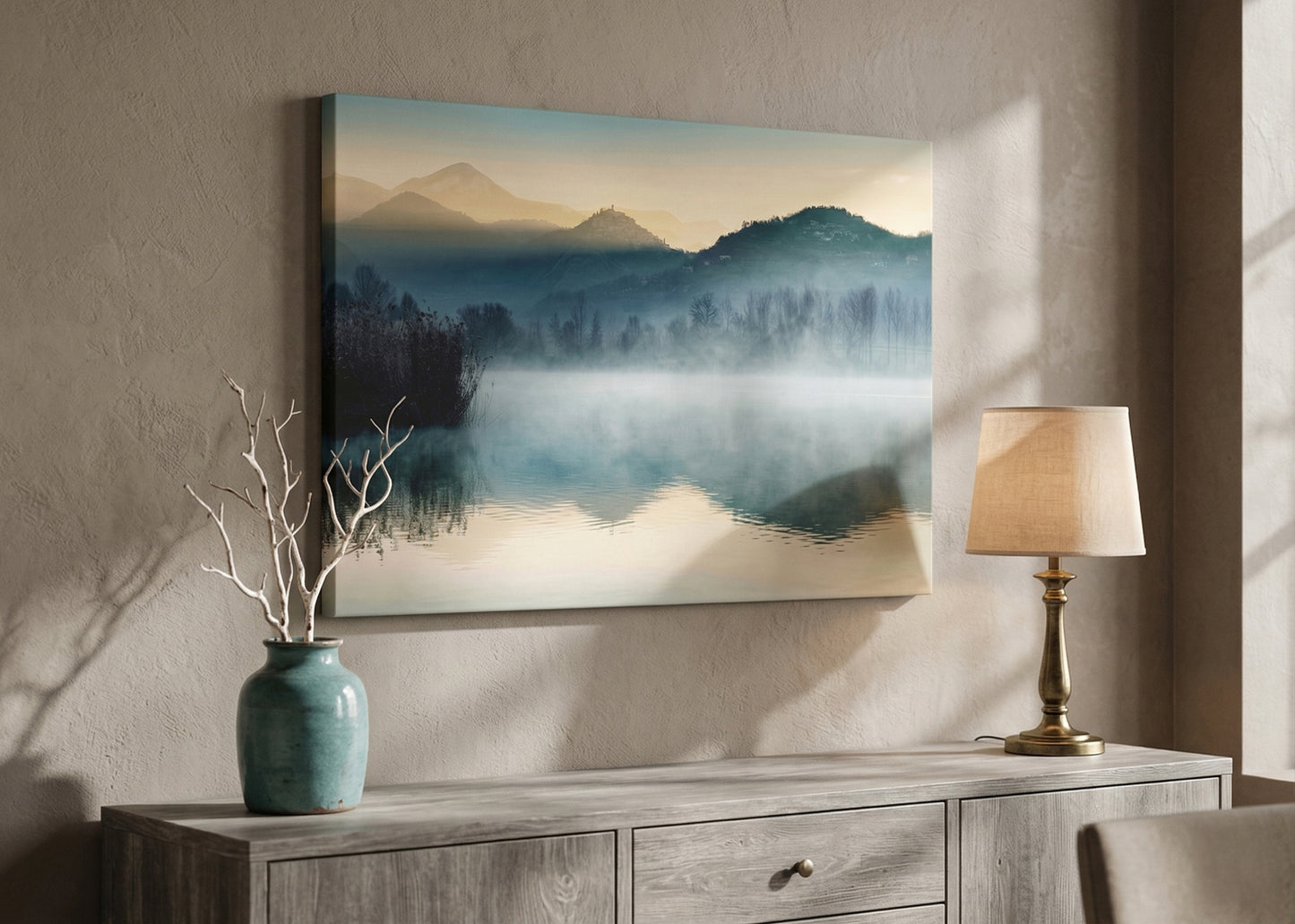 Misty Mountain Lake Canvas Print - Serene Landscape Wall Art