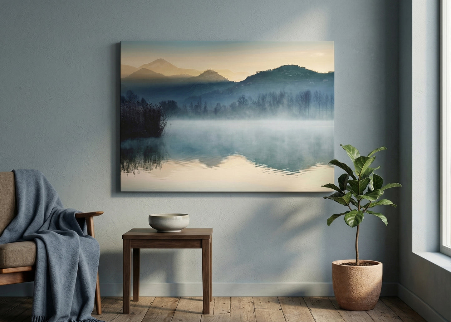 Misty Mountain Lake Canvas Print - Serene Landscape Wall Art