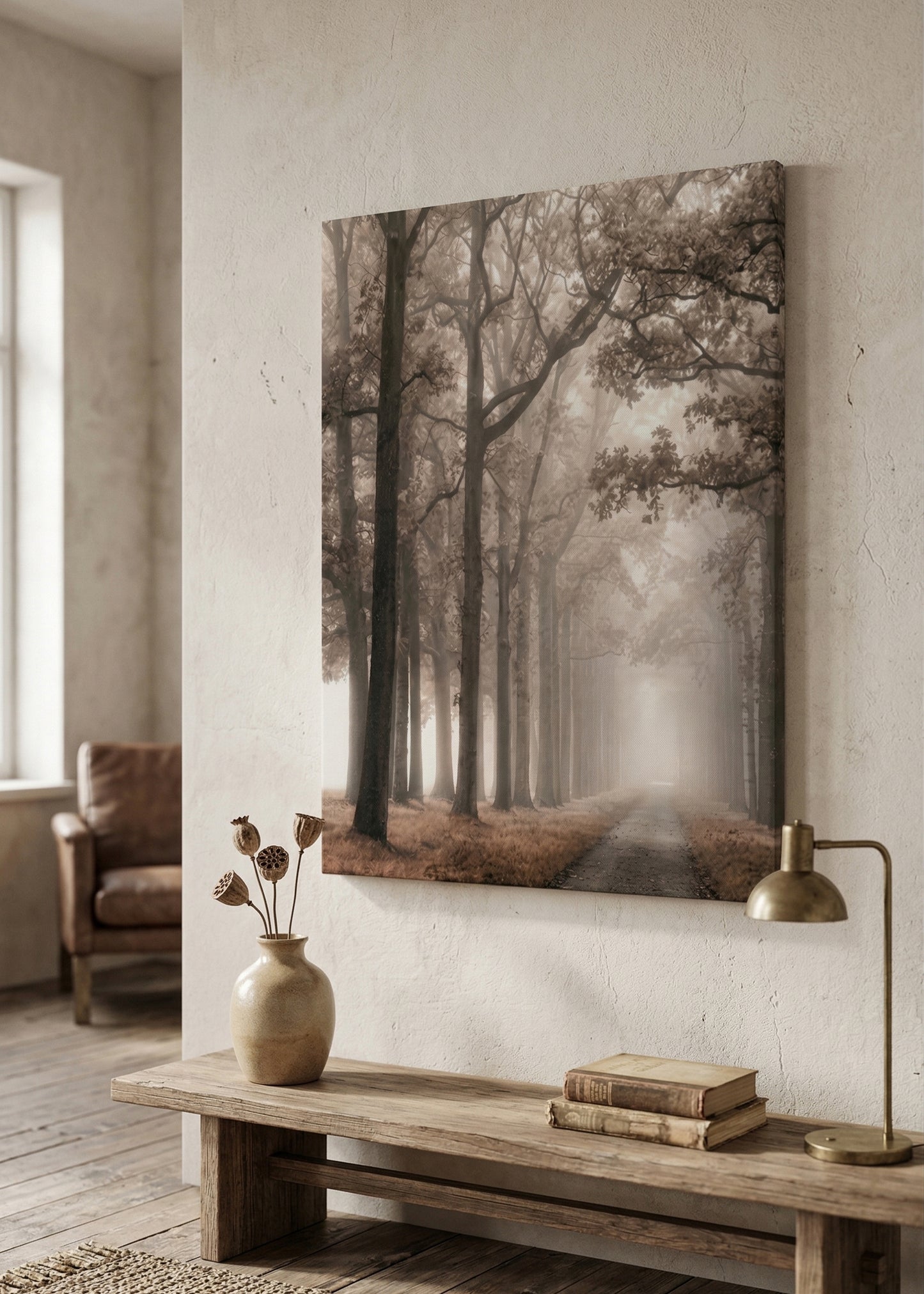 Foggy Forest Path Canvas Wall Art - Misty Woodland Matte Stretched Print