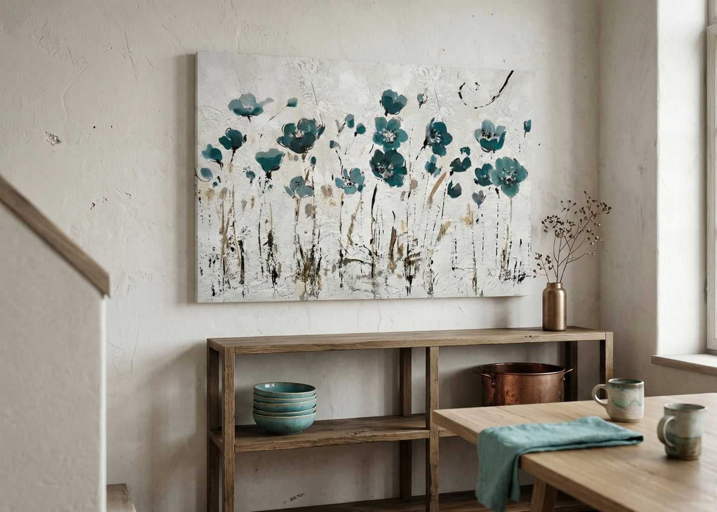 Teal Floral Canvas Wall Art — Abstract Poppy Meadow Matte Stretched Canvas