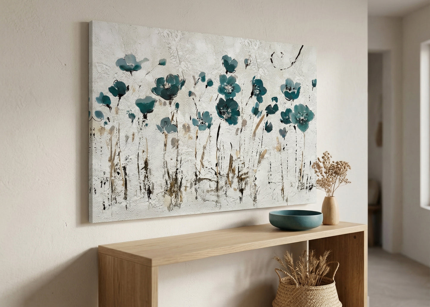 Teal Floral Canvas Wall Art — Abstract Poppy Meadow Matte Stretched Canvas
