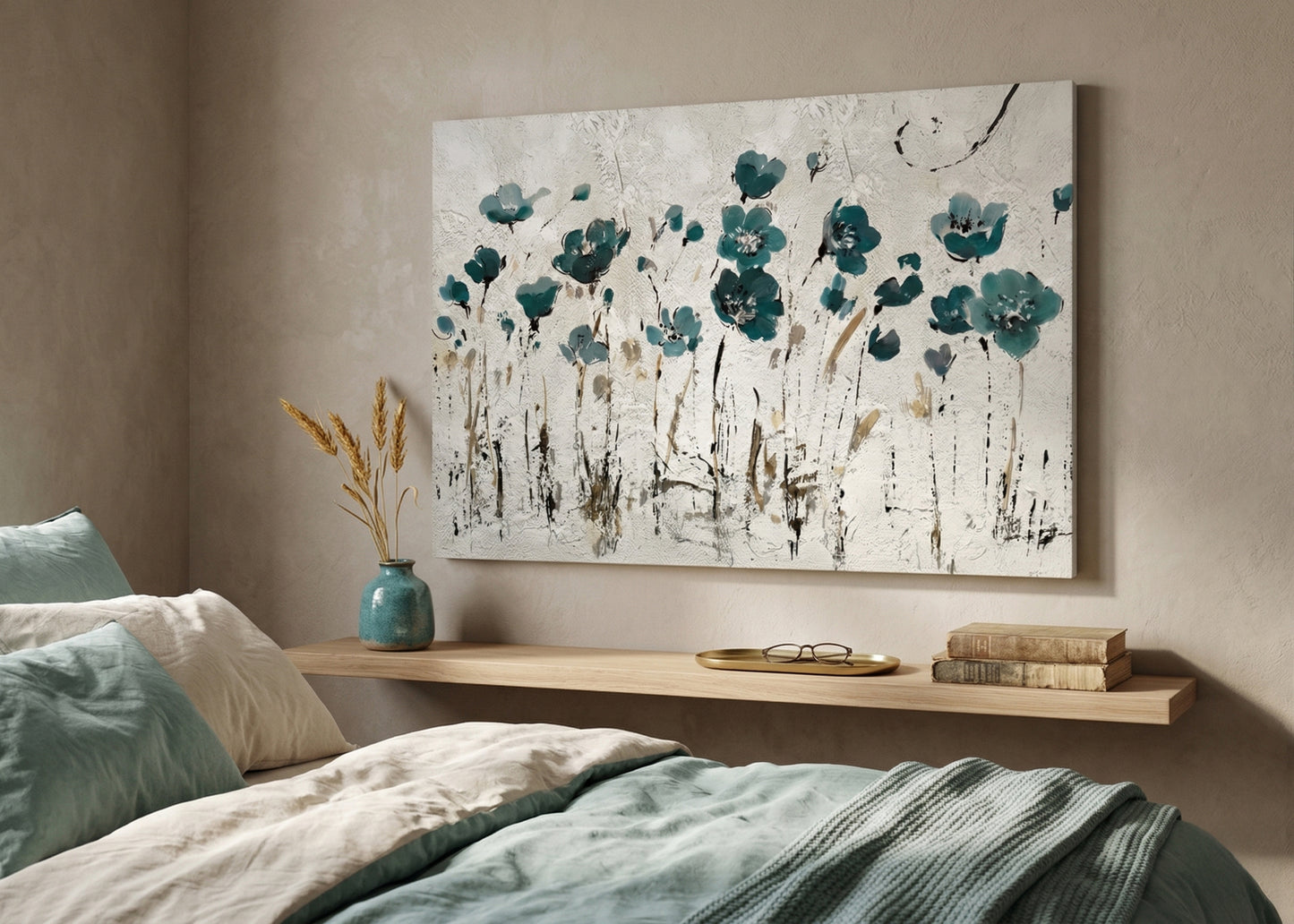 Teal Floral Canvas Wall Art — Abstract Poppy Meadow Matte Stretched Canvas