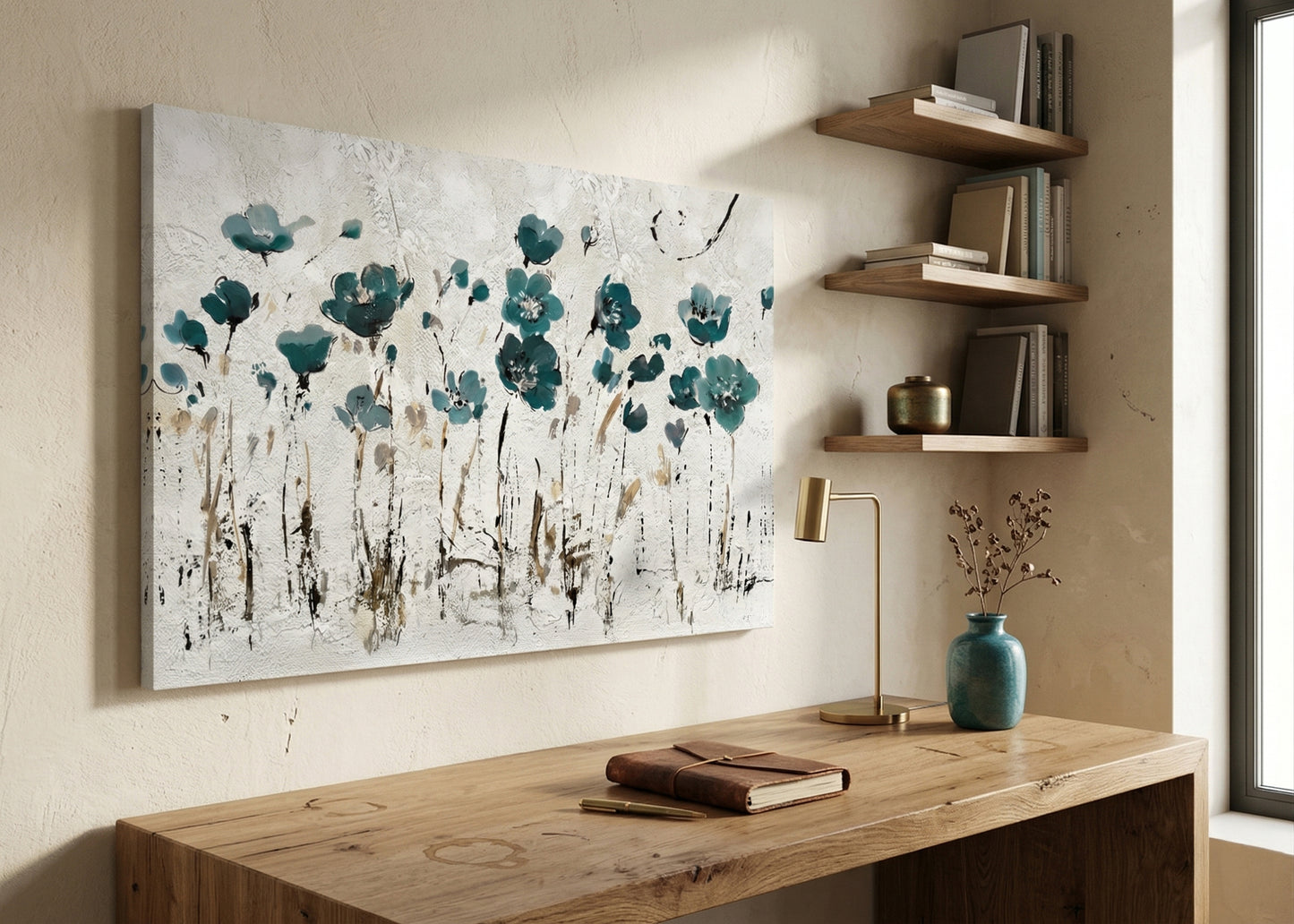 Teal Floral Canvas Wall Art — Abstract Poppy Meadow Matte Stretched Canvas