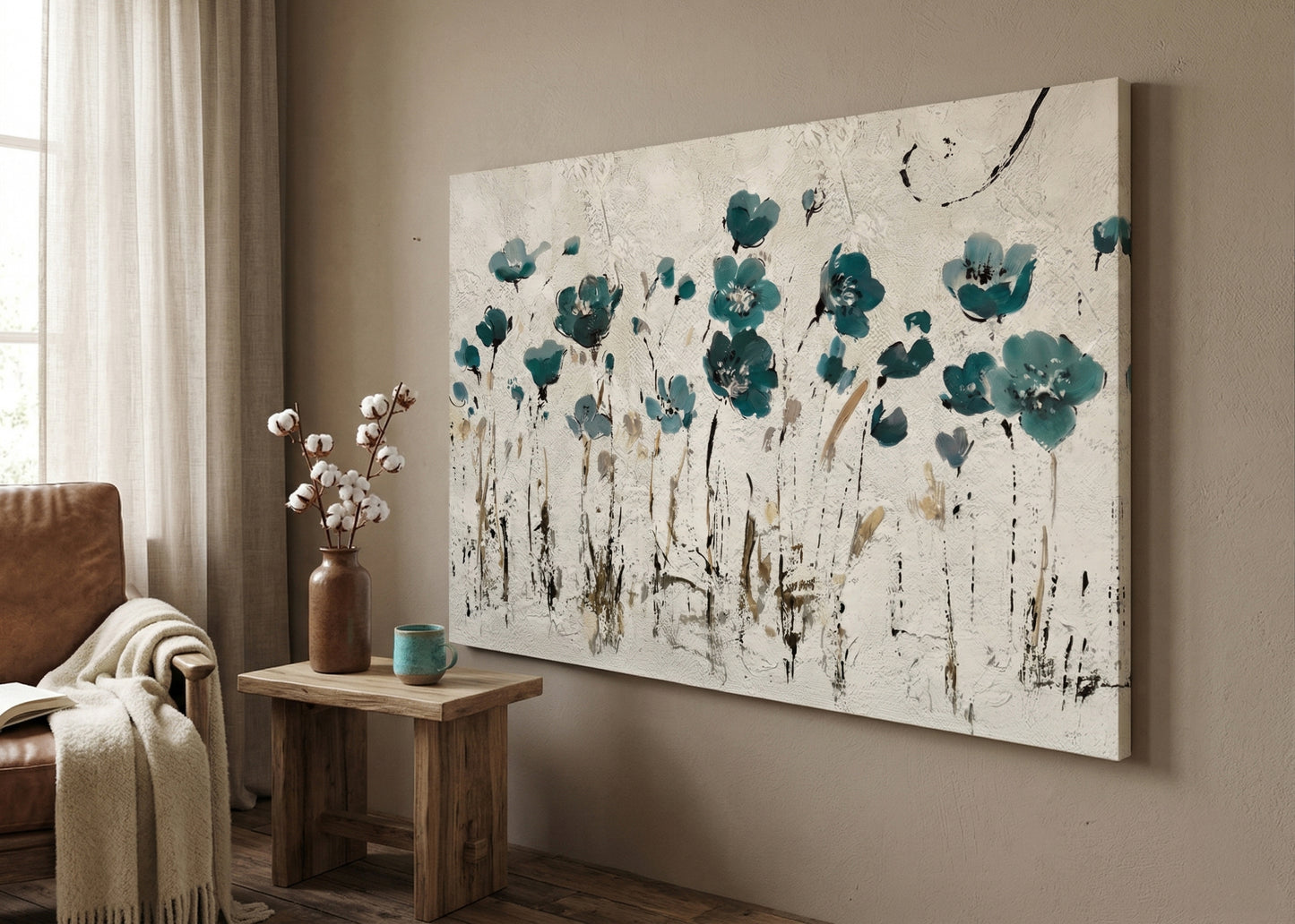 Teal Floral Canvas Wall Art — Abstract Poppy Meadow Matte Stretched Canvas