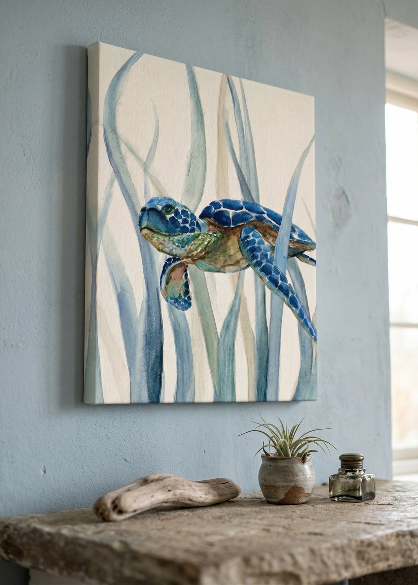 Sea Turtle Canvas Wall Art — Blue Watercolor Marine Print (Matte Stretched Canvas)