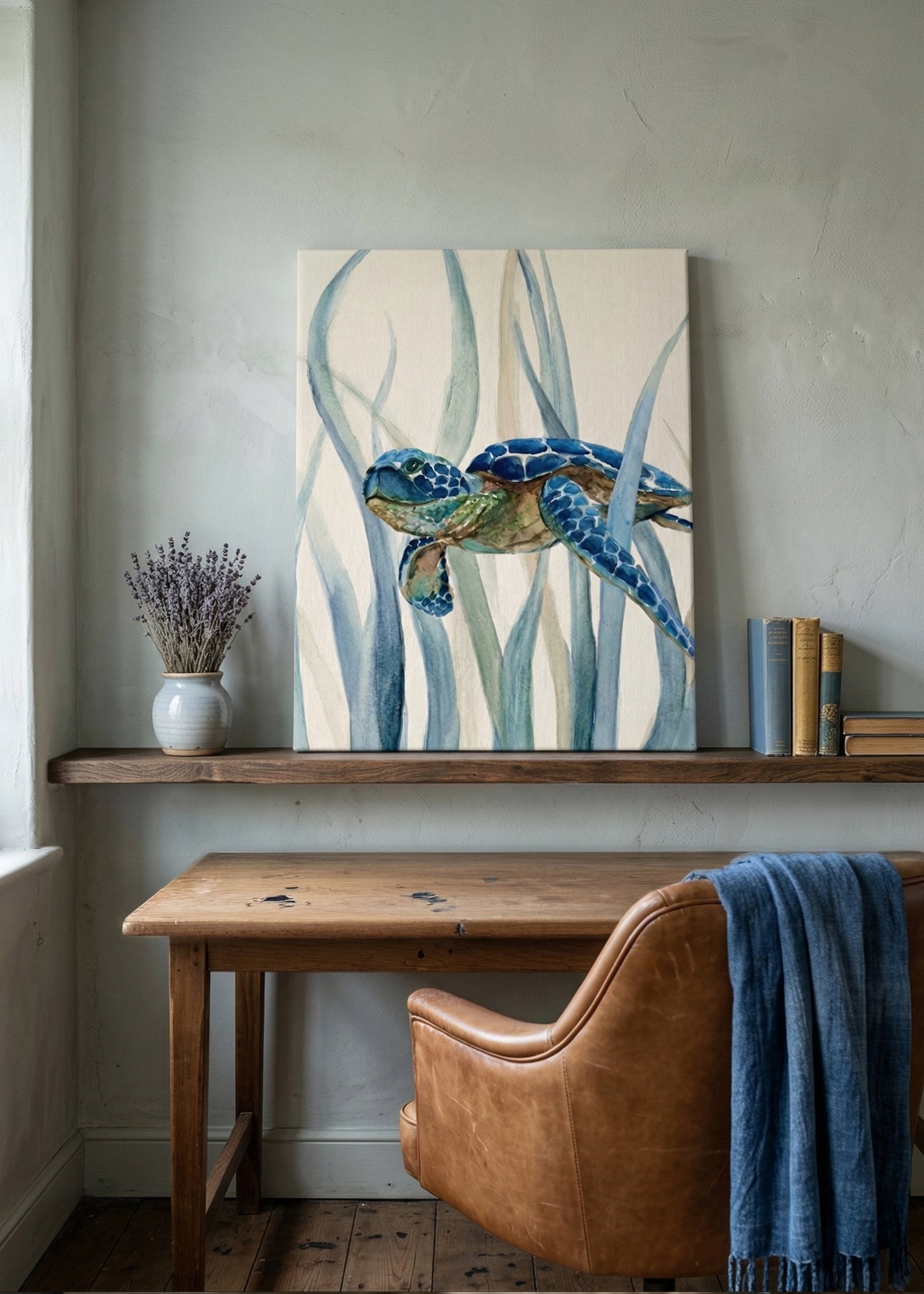 Sea Turtle Canvas Wall Art — Blue Watercolor Marine Print (Matte Stretched Canvas)
