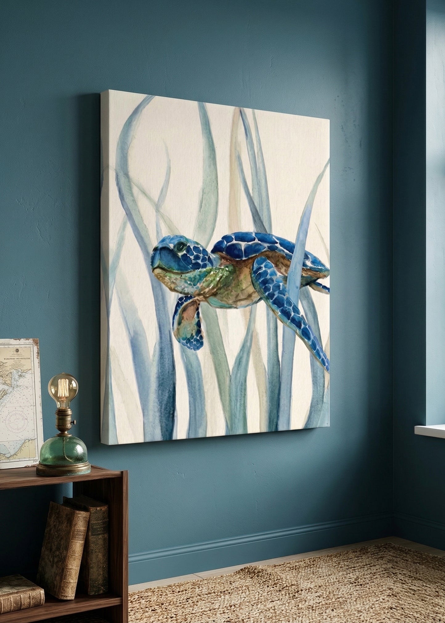 Sea Turtle Canvas Wall Art — Blue Watercolor Marine Print (Matte Stretched Canvas)