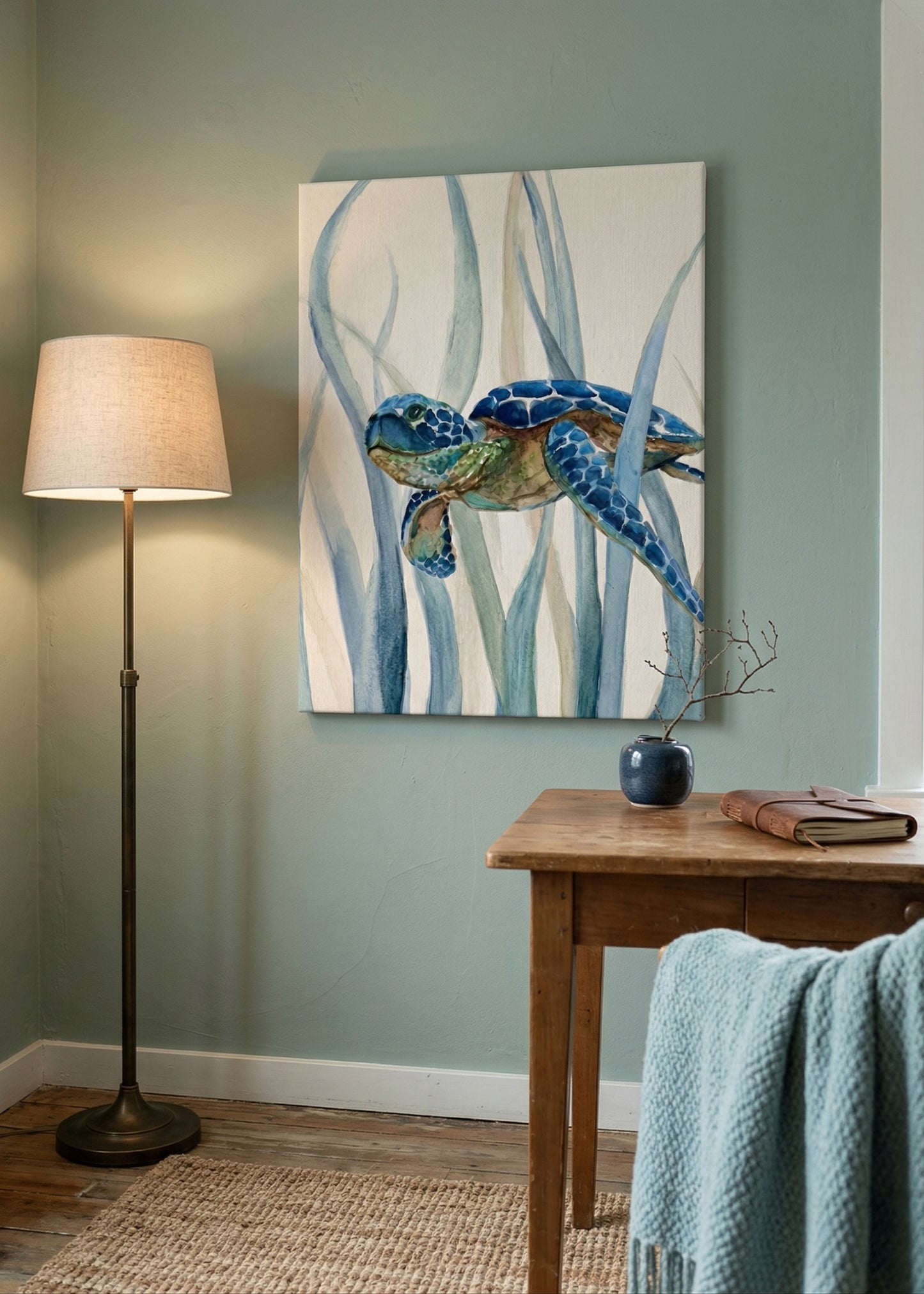 Sea Turtle Canvas Wall Art — Blue Watercolor Marine Print (Matte Stretched Canvas)