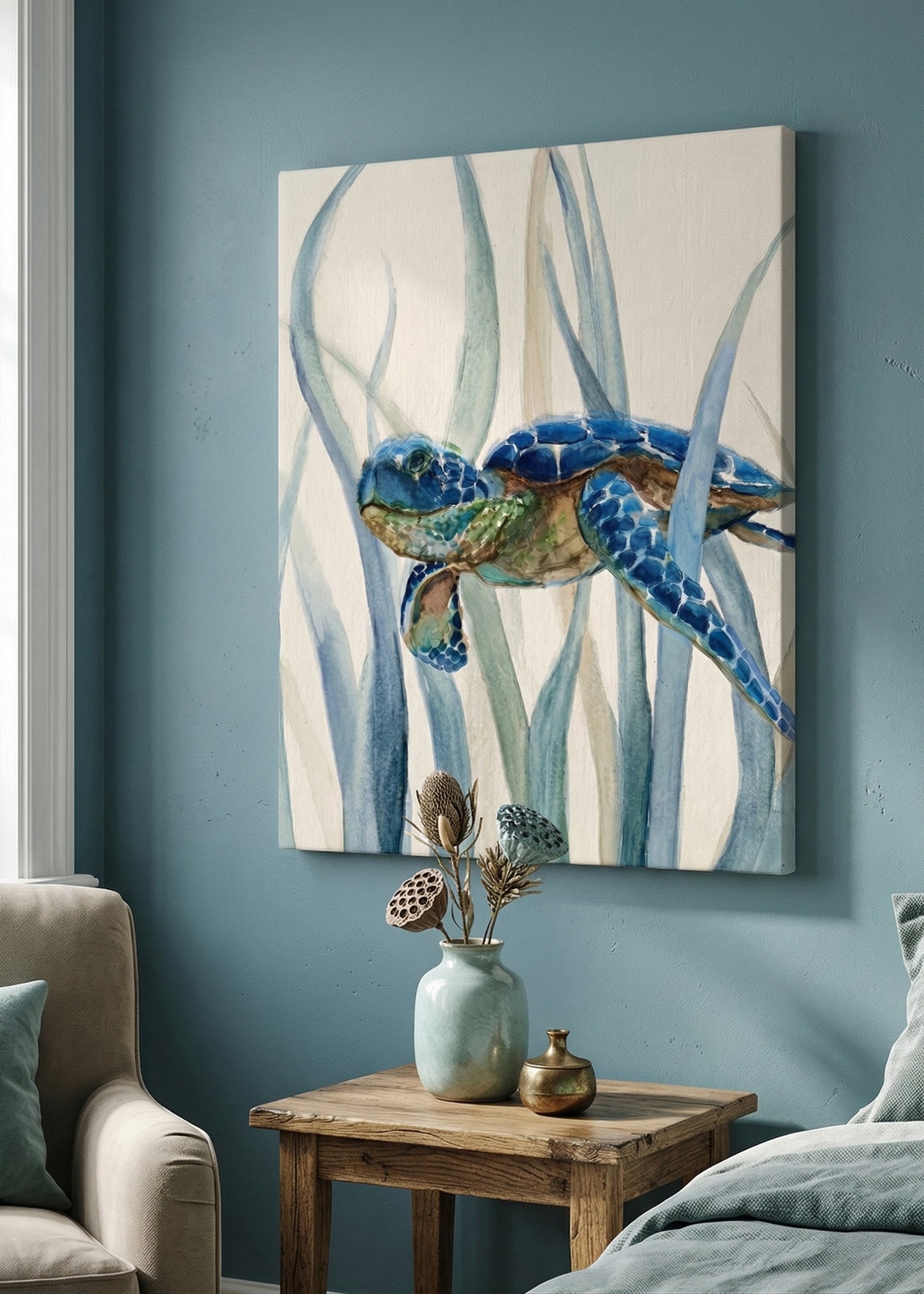 Sea Turtle Canvas Wall Art — Blue Watercolor Marine Print (Matte Stretched Canvas)