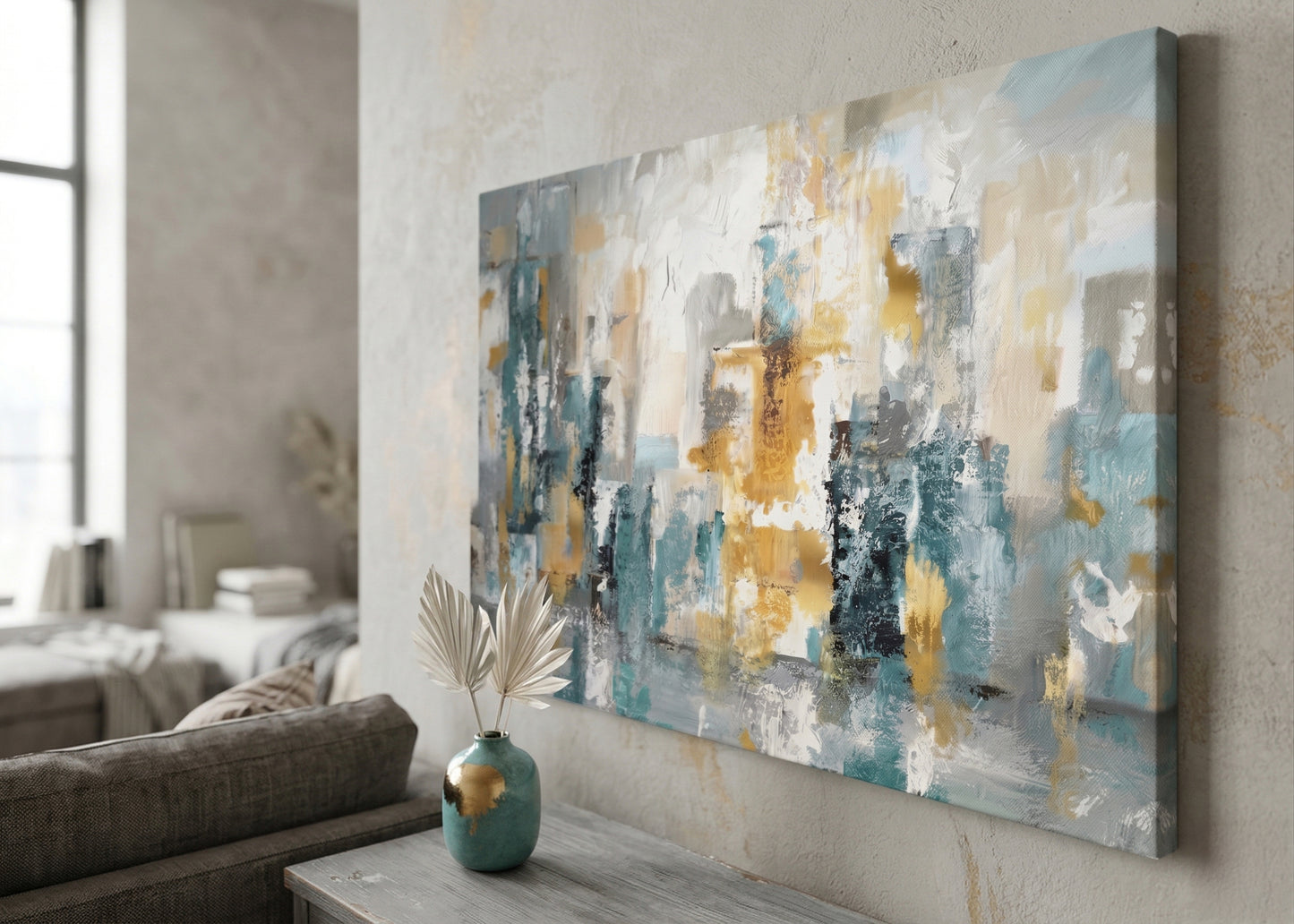 Abstract Cityscape Canvas Wall Art — Teal, Gold & Gray Matte Stretched Canvas