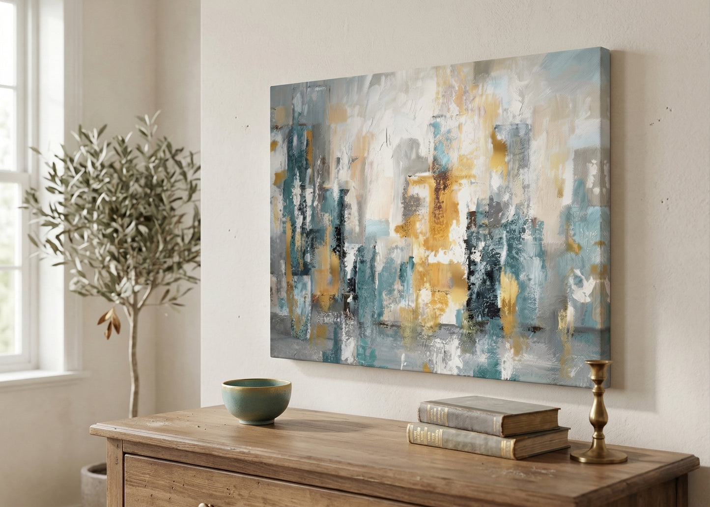 Abstract Cityscape Canvas Wall Art — Teal, Gold & Gray Matte Stretched Canvas