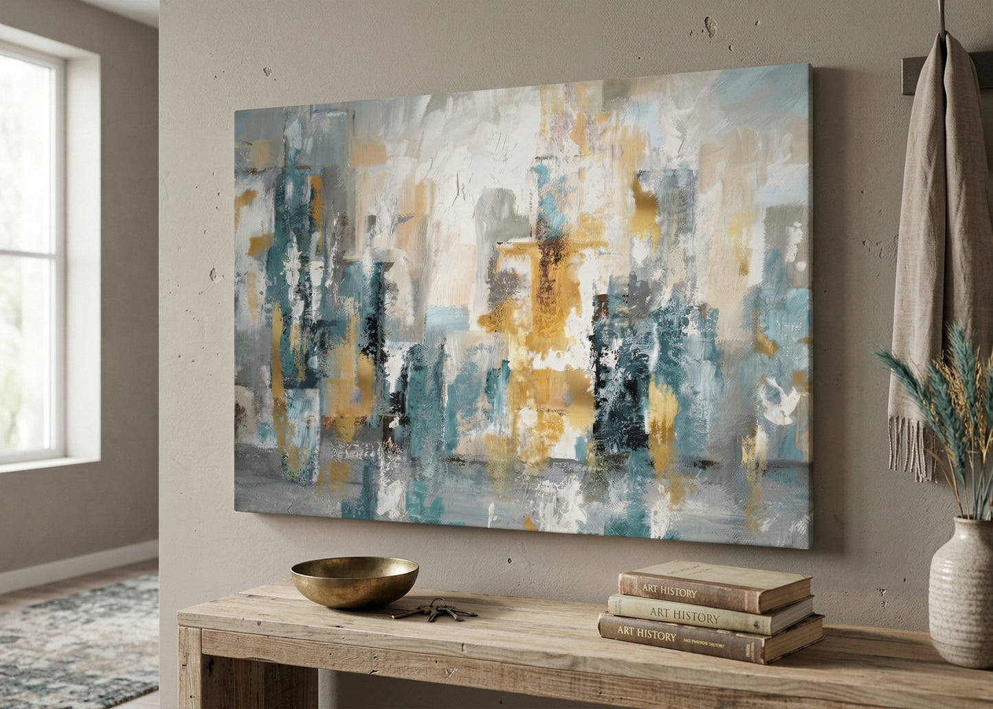 Abstract Cityscape Canvas Wall Art — Teal, Gold & Gray Matte Stretched Canvas