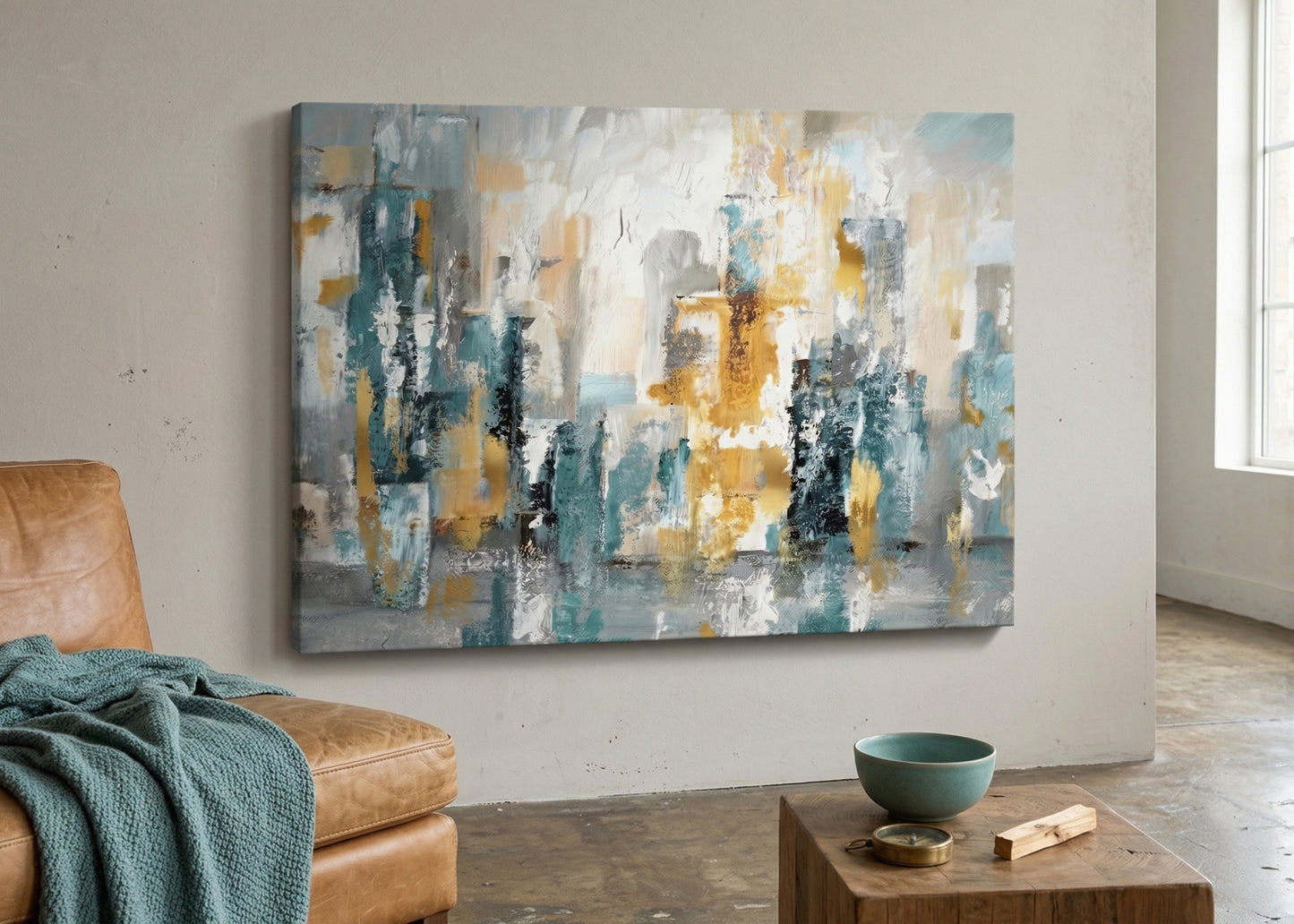 Abstract Cityscape Canvas Wall Art — Teal, Gold & Gray Matte Stretched Canvas