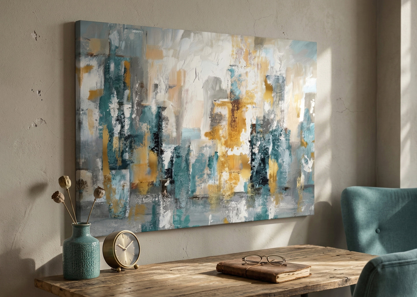 Abstract Cityscape Canvas Wall Art — Teal, Gold & Gray Matte Stretched Canvas