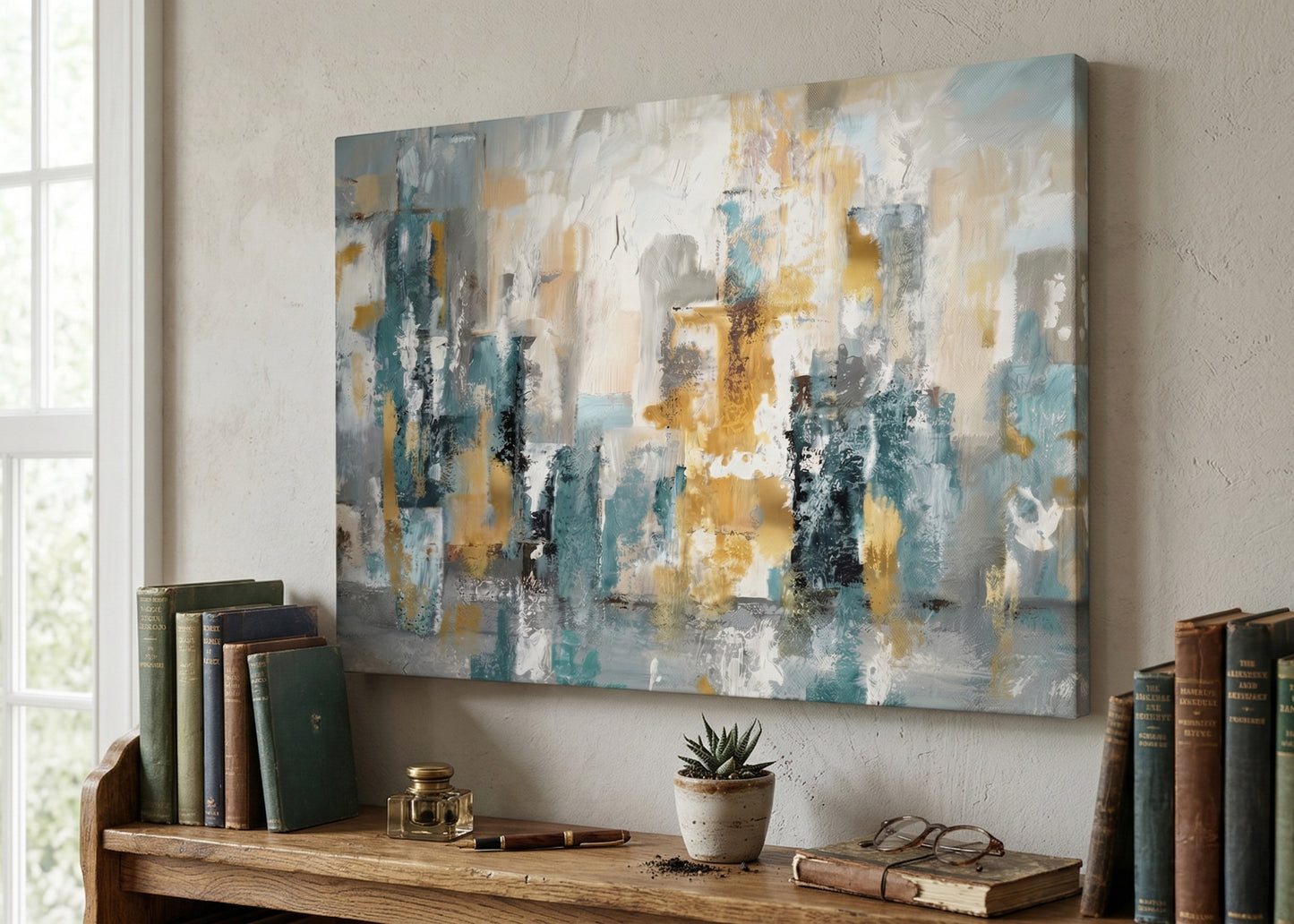 Abstract Cityscape Canvas Wall Art — Teal, Gold & Gray Matte Stretched Canvas
